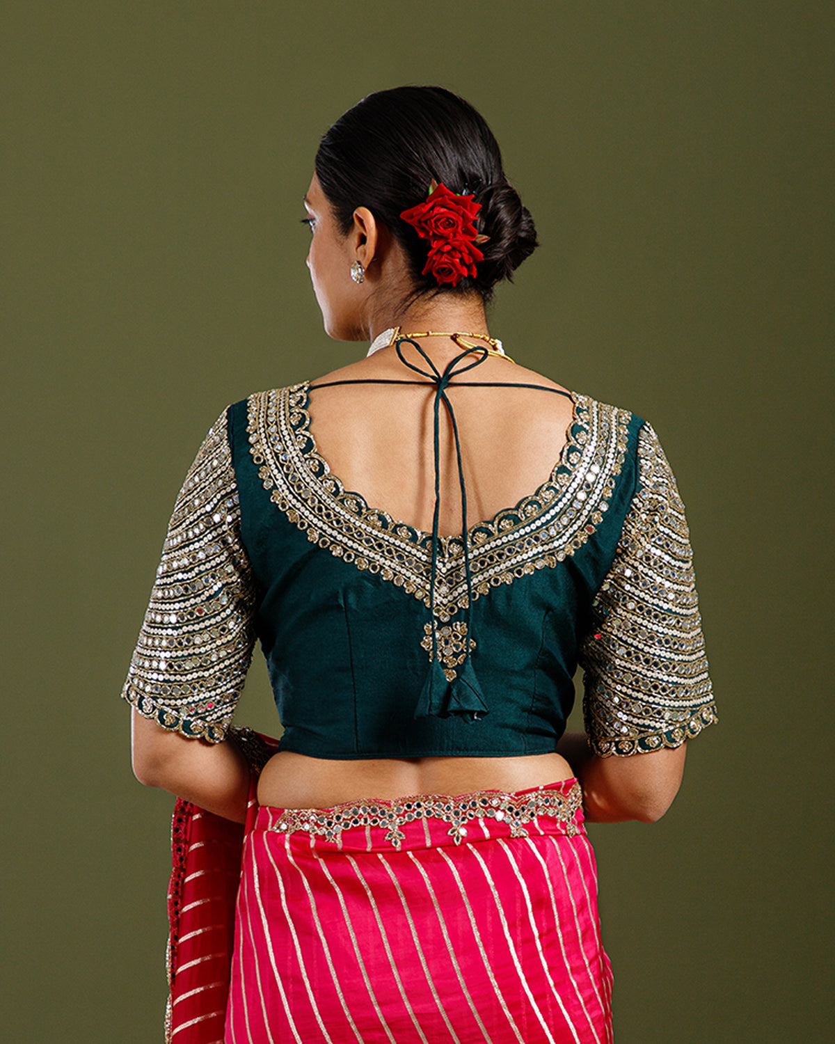 Rani Pink Organza Silk Saree with Mirror & Cutdana Work - House of Surya