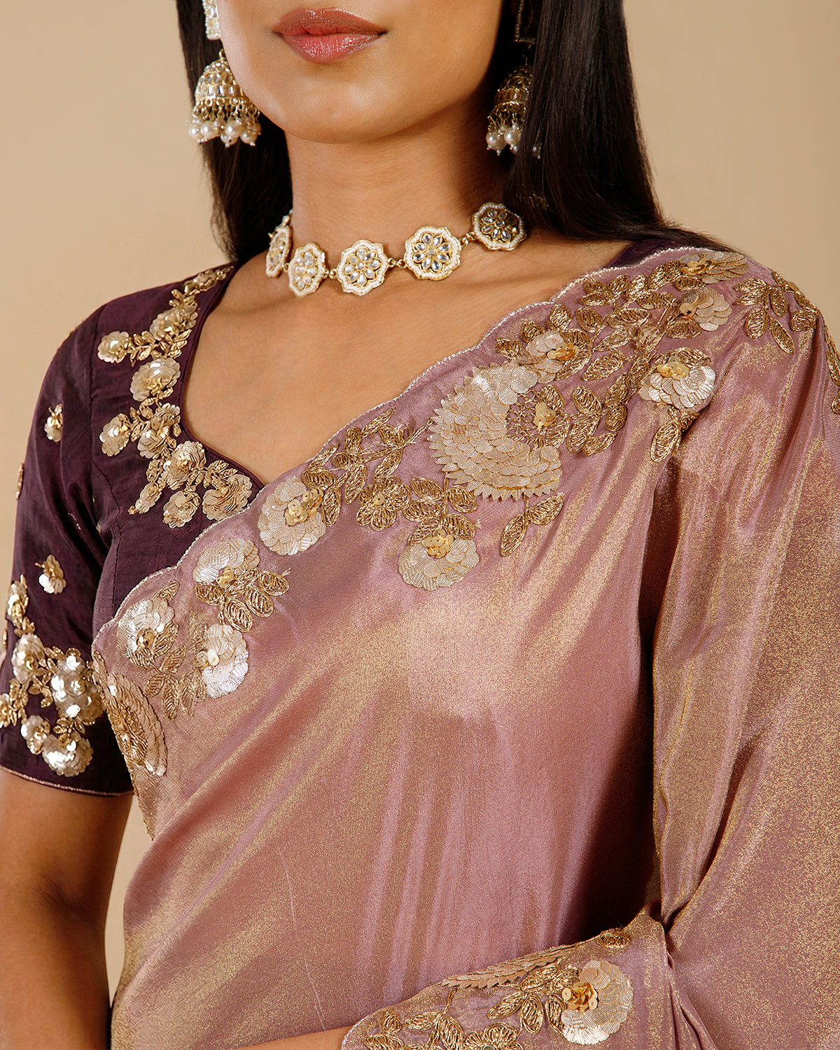 Dusty Mauve Tissue Georgette Saree with Gota Patti & Sequin Work - House of Surya