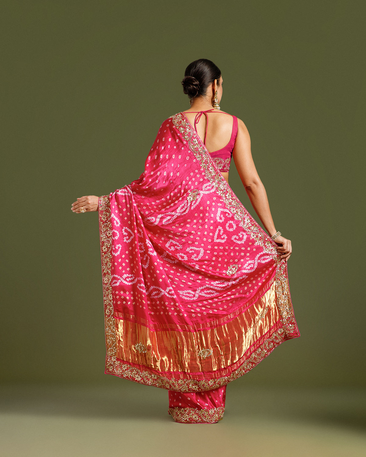 Magenta Pink Satin Crepe Saree with Nulki, Dabka & Gota Patti Work
