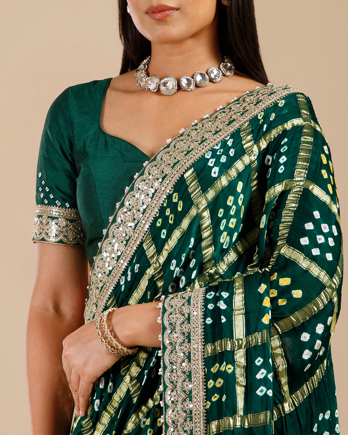 Green Satin Gajji Silk Gharchola Saree with Sequence Work - House of Surya