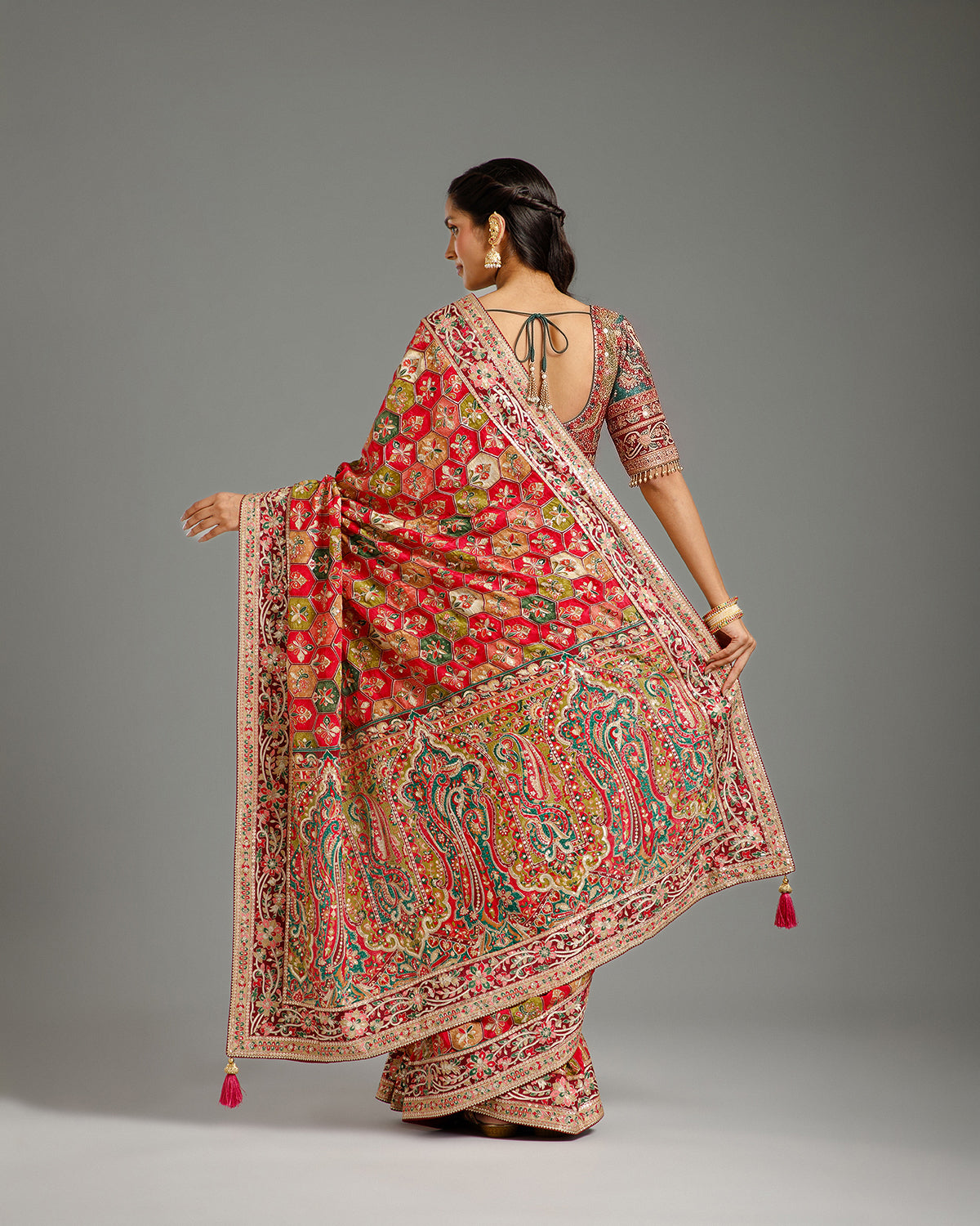Multi Green Crape Silk Saree with Zari & Sequin Work