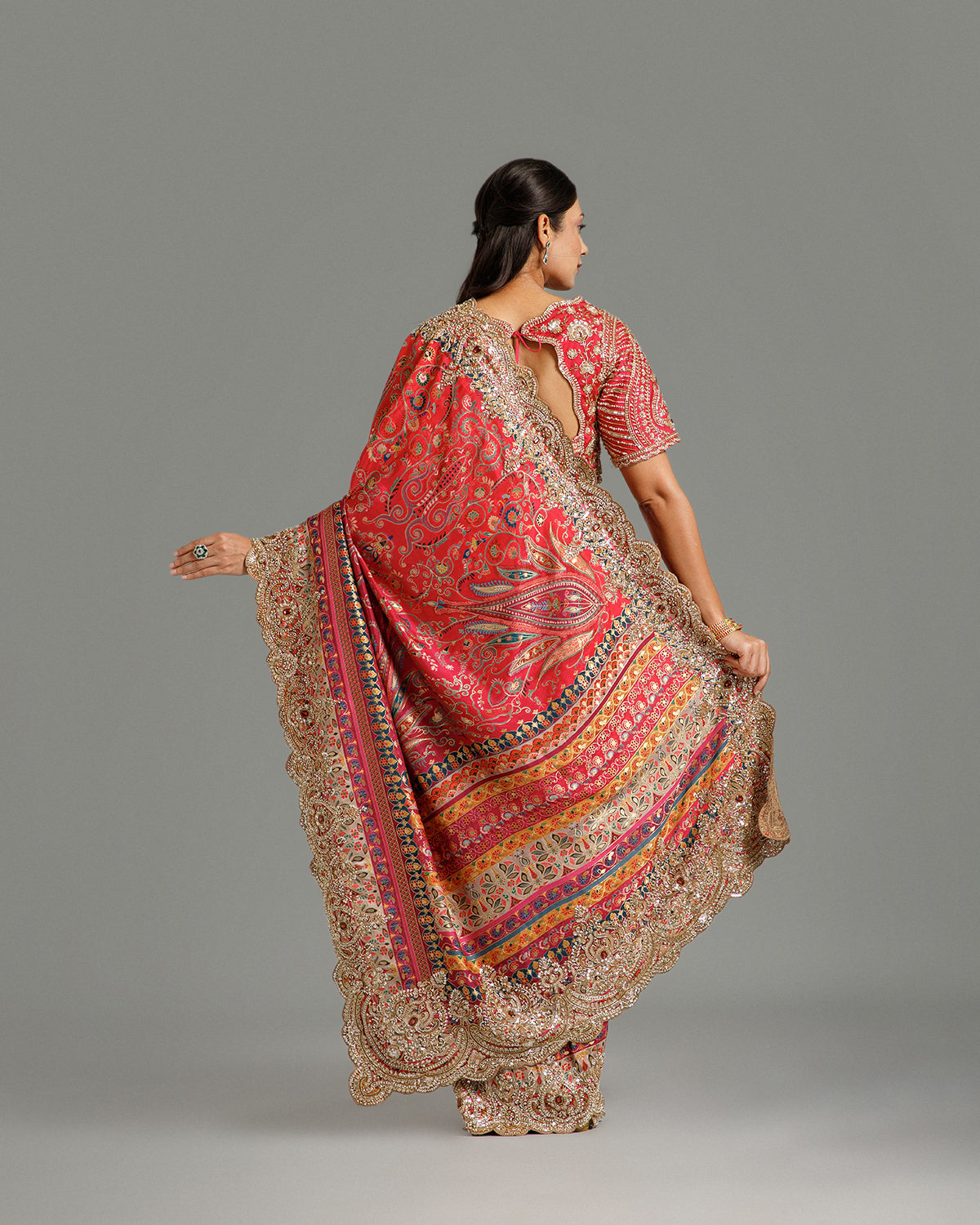 Rani & Purple Dola Silk Saree with Kundan, Zari & Sequin Work