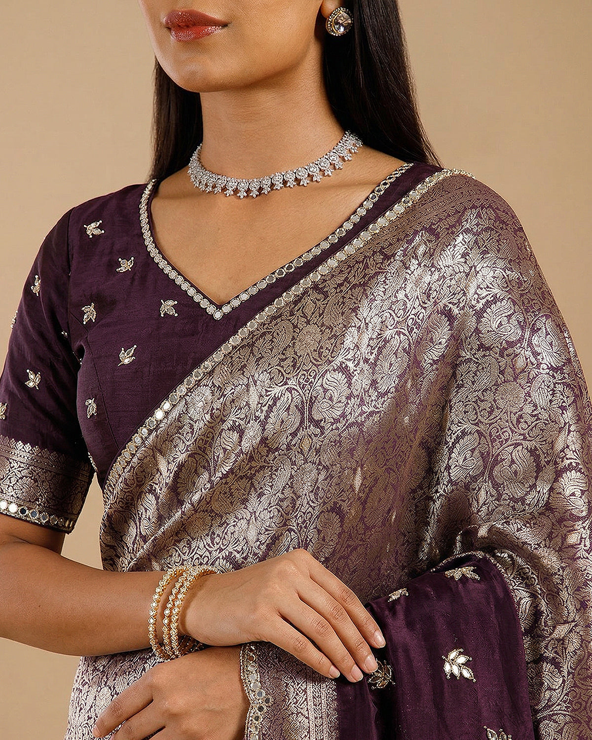 Purple Crepe Silk Saree with Mirror & Cutdana Work