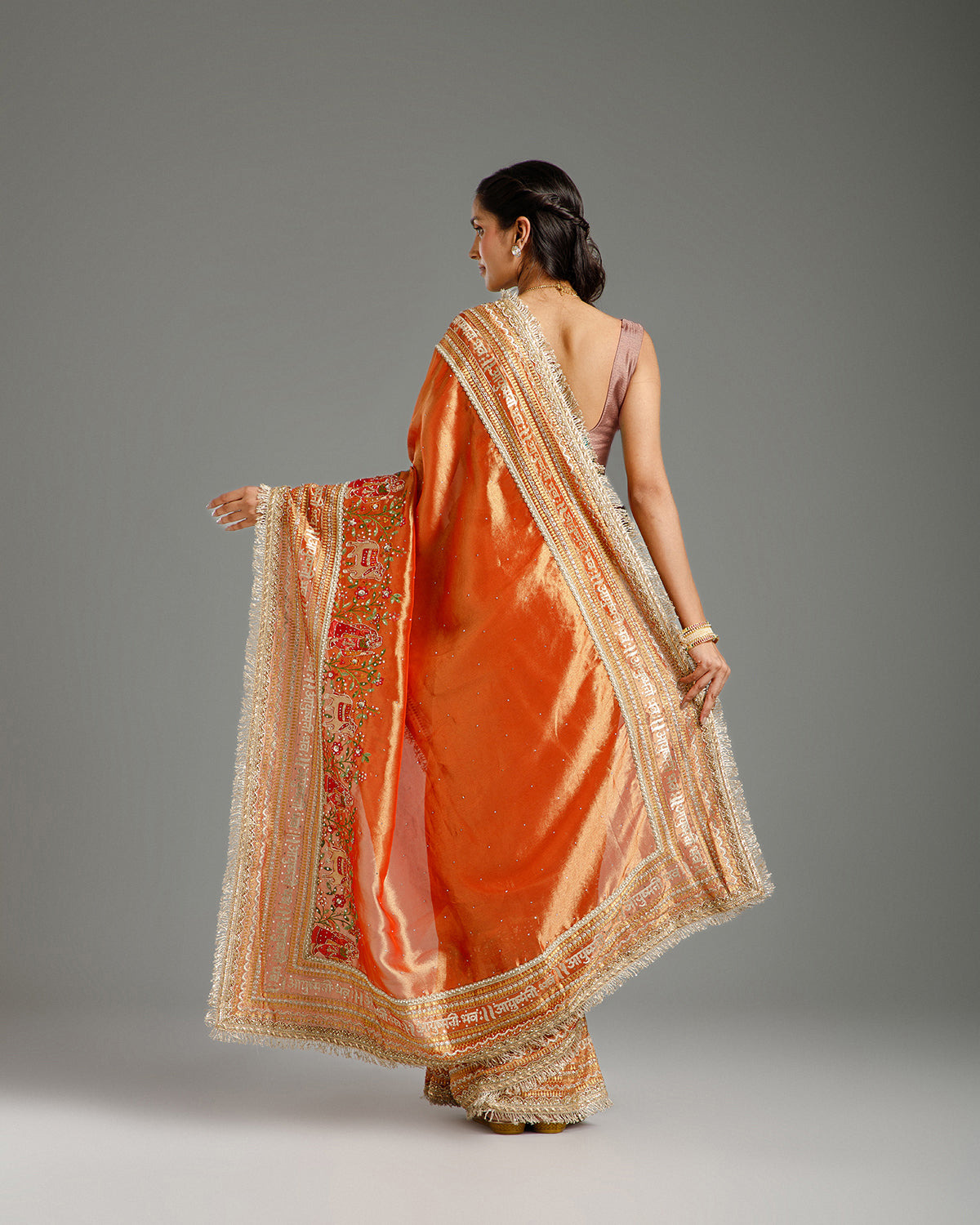 Rust Tissue Organza Saree with Resham, Zari, Dabka, Sequin & Gota Work