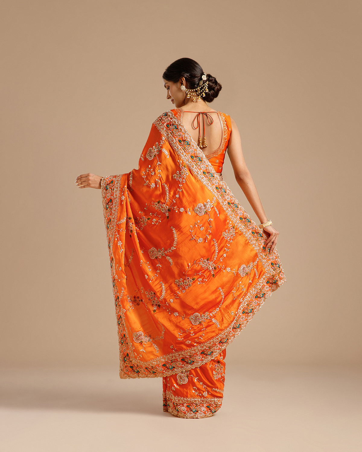 Orange Satin Organza Saree with Beads, Nulki, Sequin, Moti, Resham & Zari Work