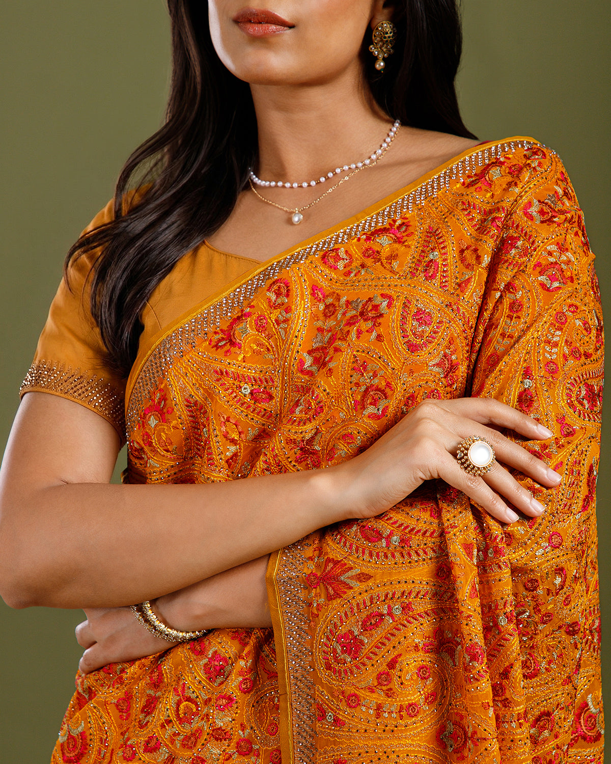 Yellow Georgette Saree with Kashmiri & Cutdana Work - House of Surya