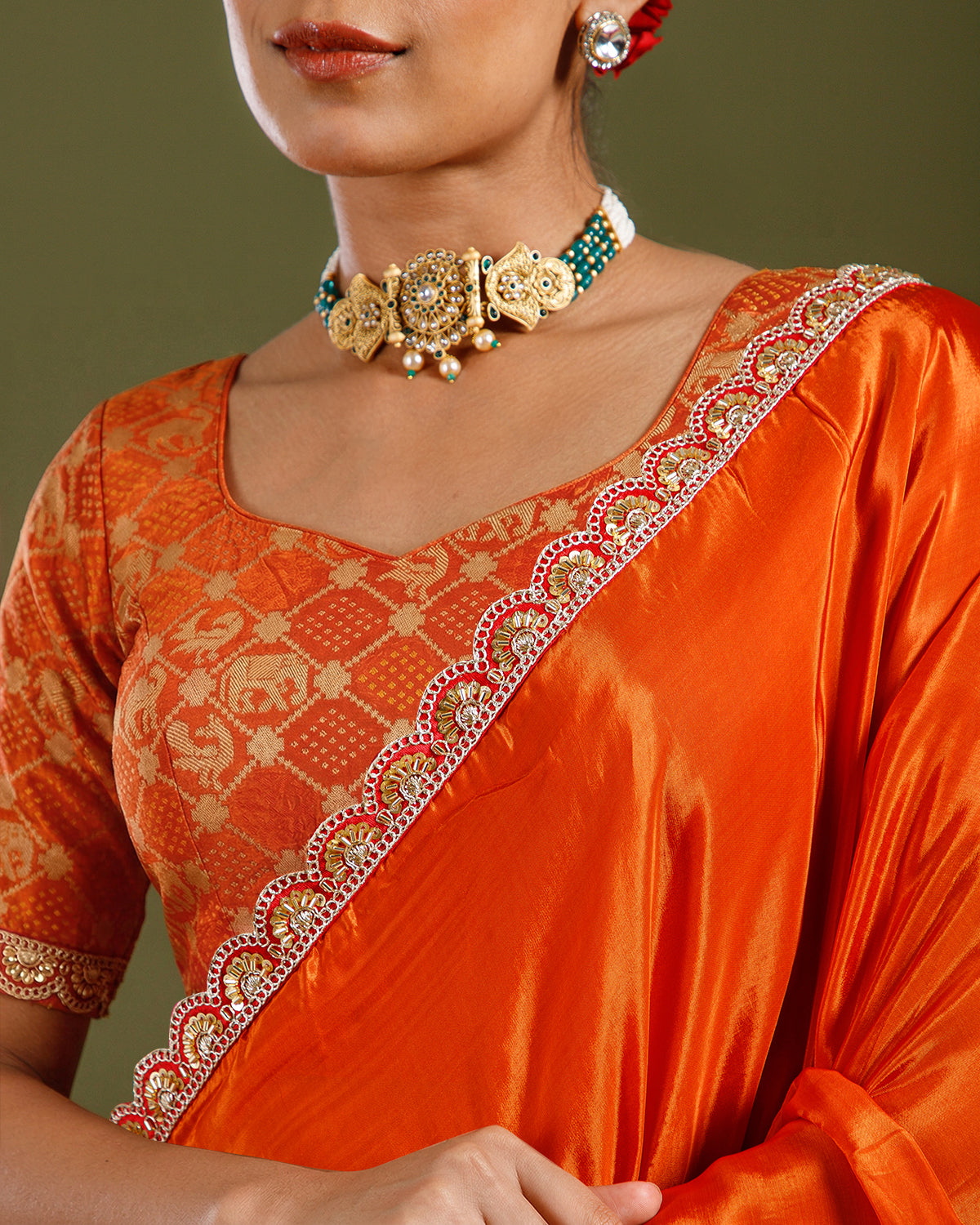 Rust Crepe Silk Gharchola Saree with Cutdana, Dabka & Beads Work