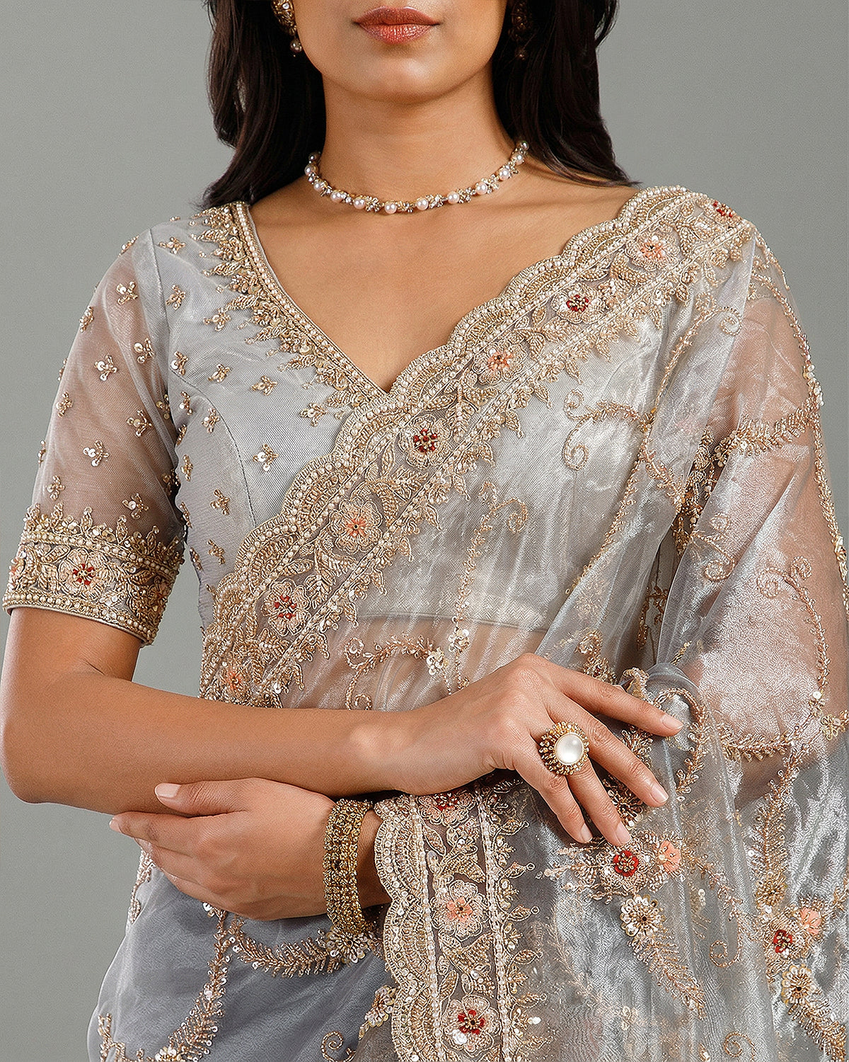  Grey Tissue Organza Saree,Organza Saree with Elegant Beads Work - House of Surya