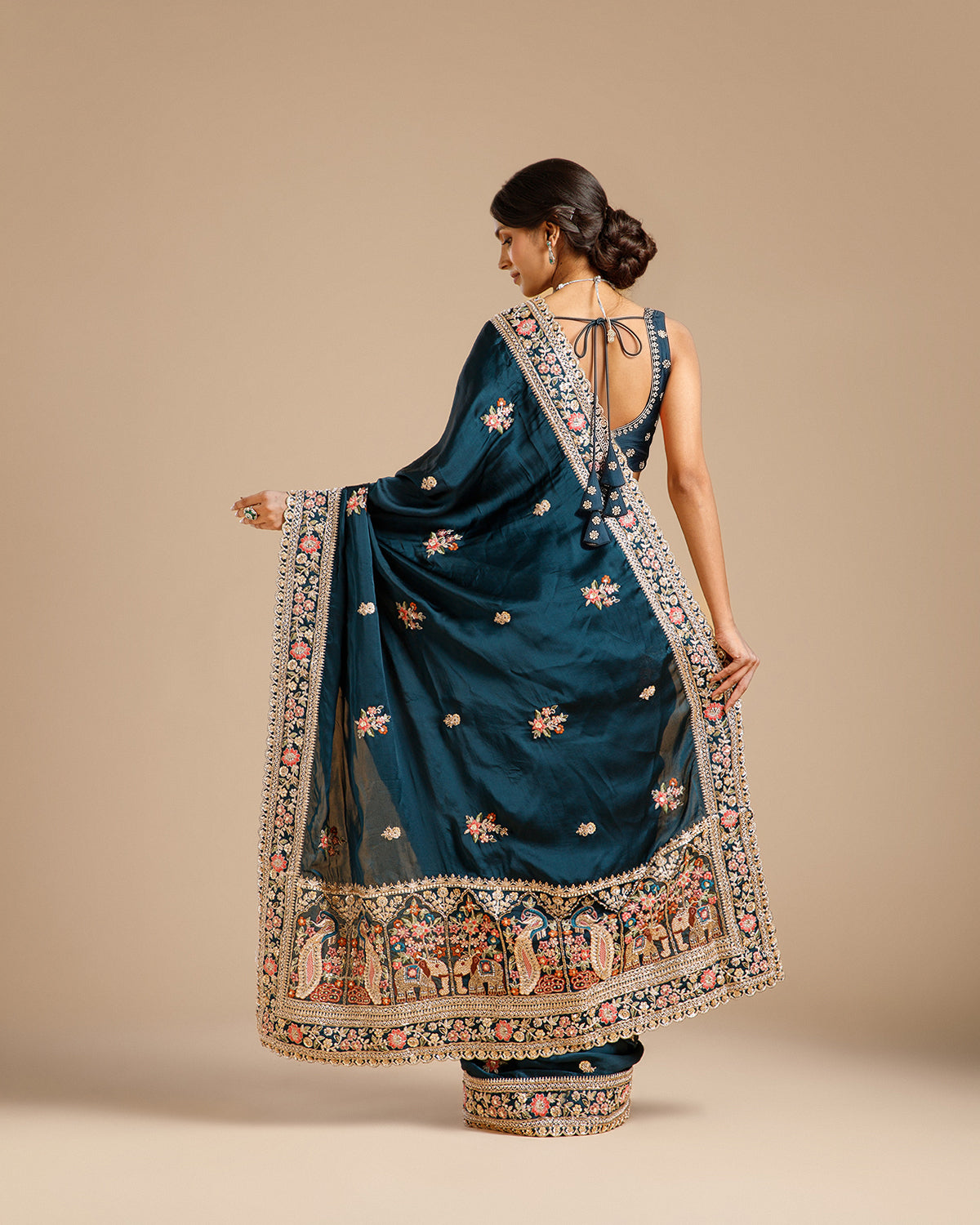 Peacock Blue Satin Organza Saree with Dabka, Sequin, Resham & Zari Work