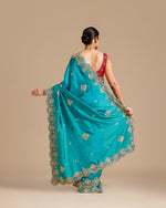 Firozi Dola Silk Saree with Nulki, Pearl, Sequin & Dabka Work