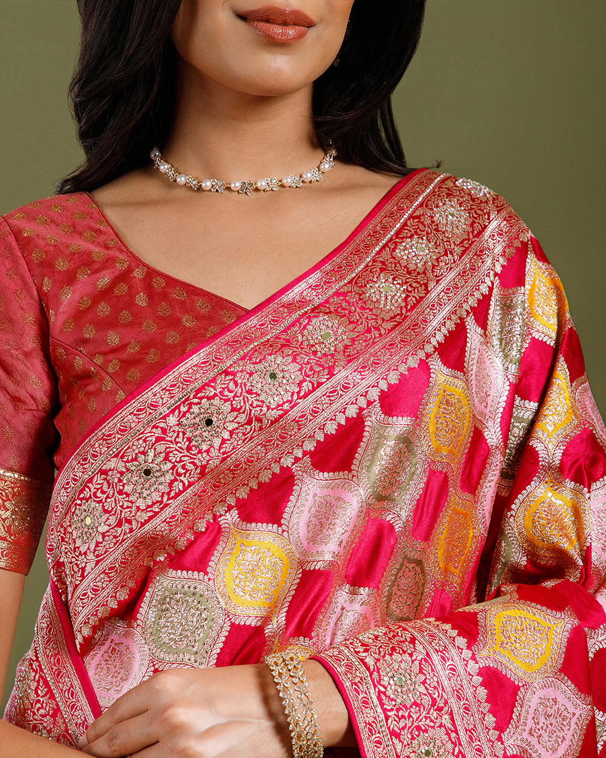 Rani Crepe Silk Saree with Vibrant Multicolor Weave