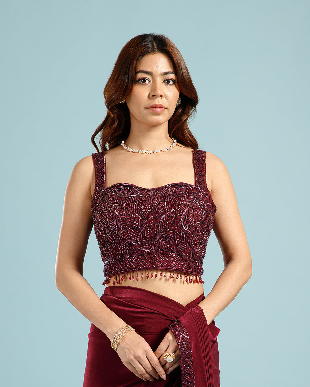 Maroon Lycra Drape Saree with Hand Work - House of Surya