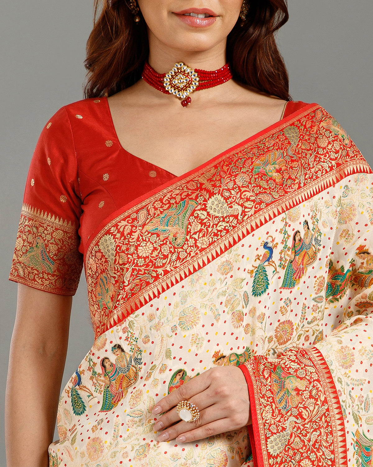 Off White Bhandej Khaddi Georgette Saree with Meenakari Weaving - House of Surya