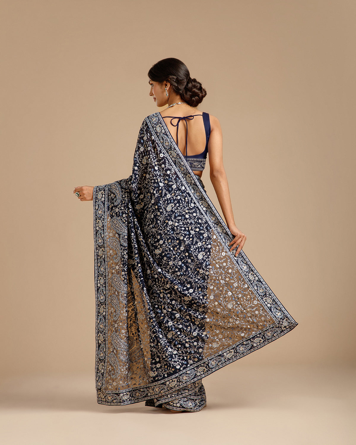 Navy Blue Georgette Saree with Resham & Nulki Work