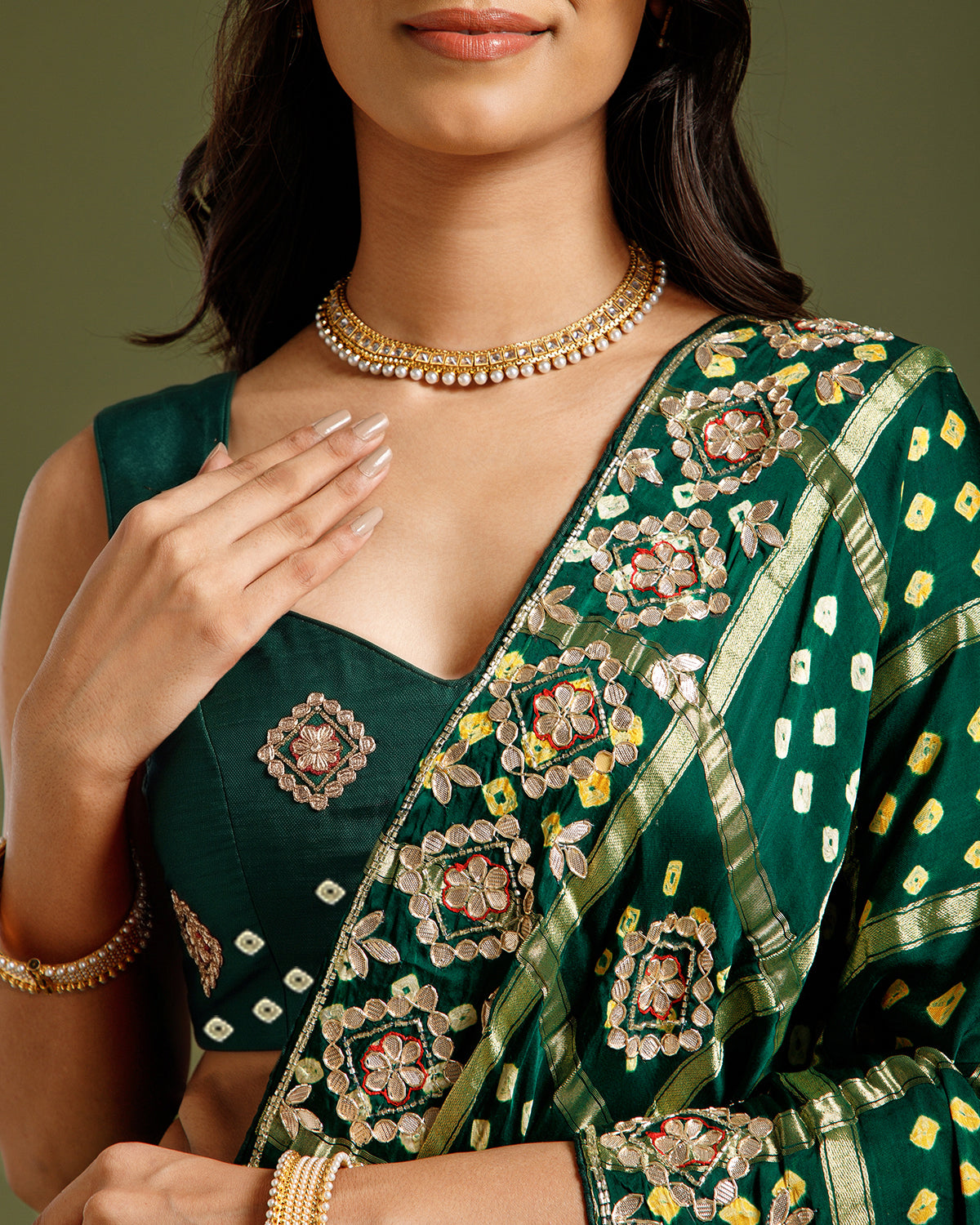 Bottle Green Satin Crepe Saree with Zari & Sequin Work - House of Surya