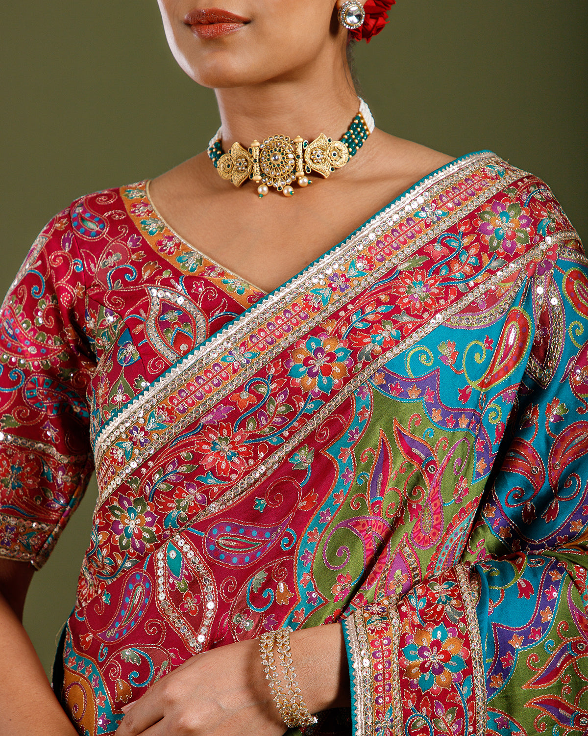 Mustard Georgette Saree with Designer Aari Work - House of Surya