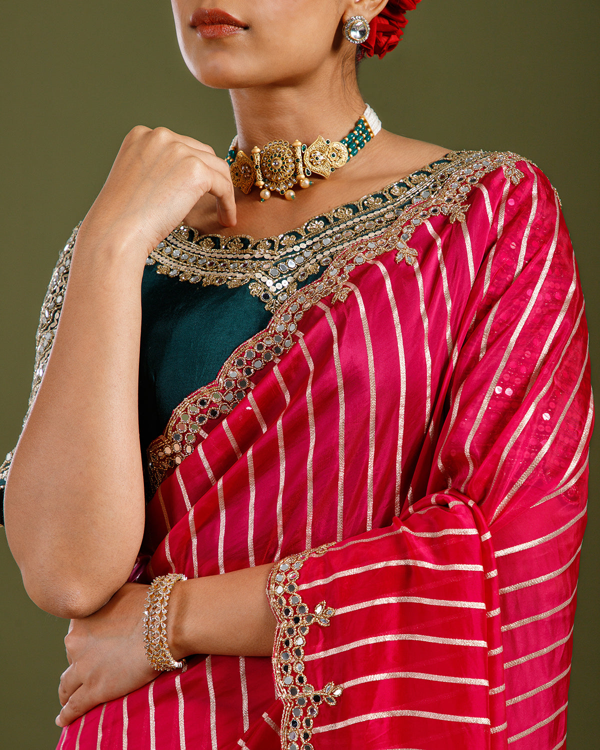 Rani Pink Organza Silk Saree with Mirror & Cutdana Work - House of Surya