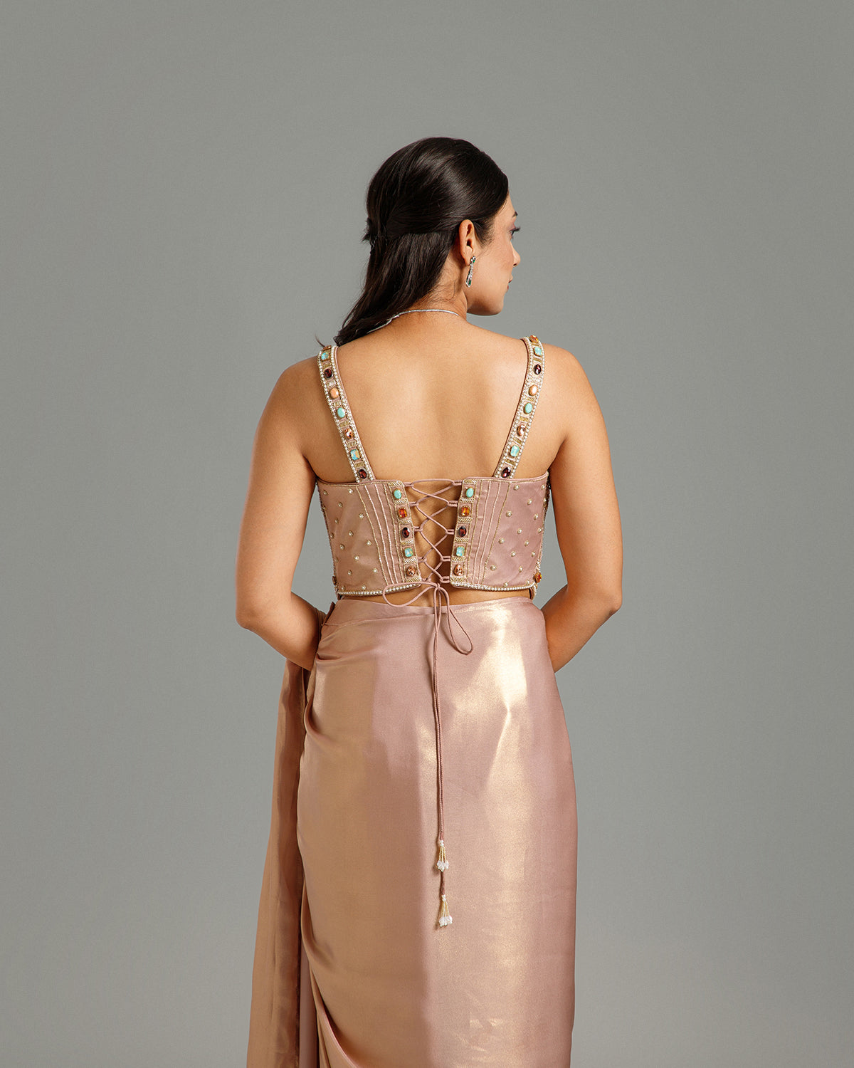 Peach Lycra Saree with Stone Work