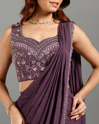 Purple Georgette Drape Saree with Hand Work - House of Surya