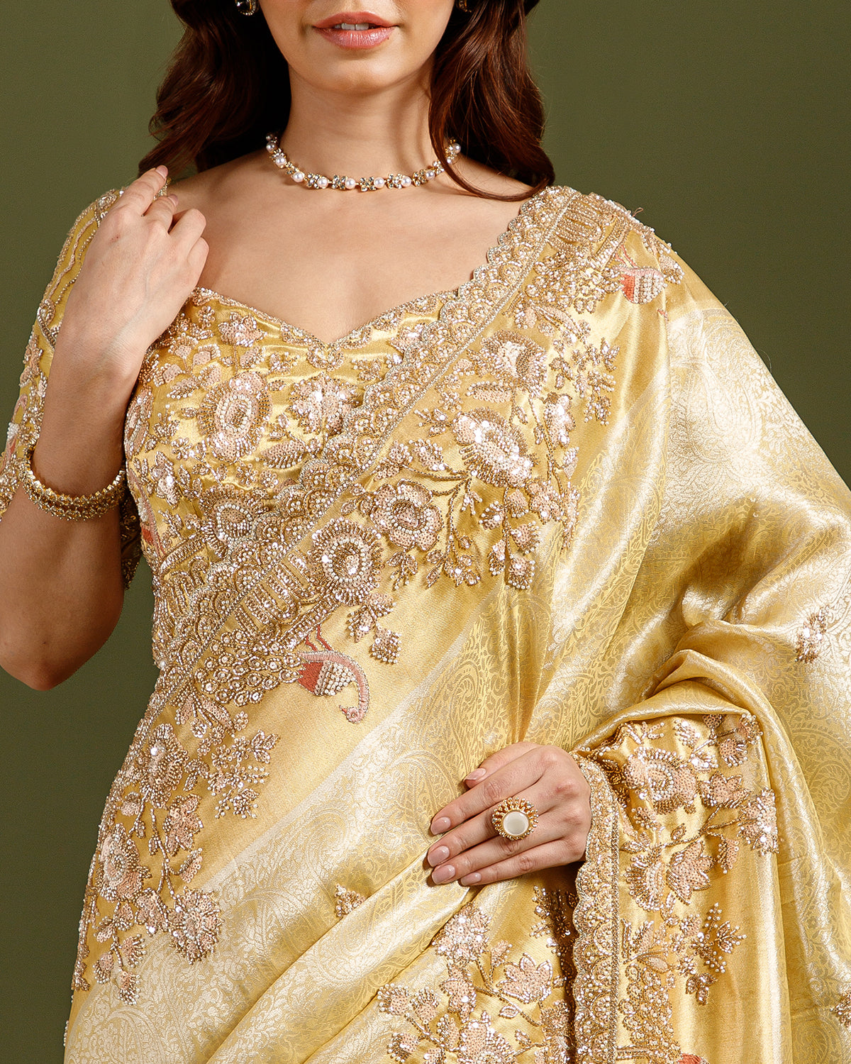 Ivory (Golden) Tissue Saree with Self Weave, Beads, Sequence & Cutdana Work