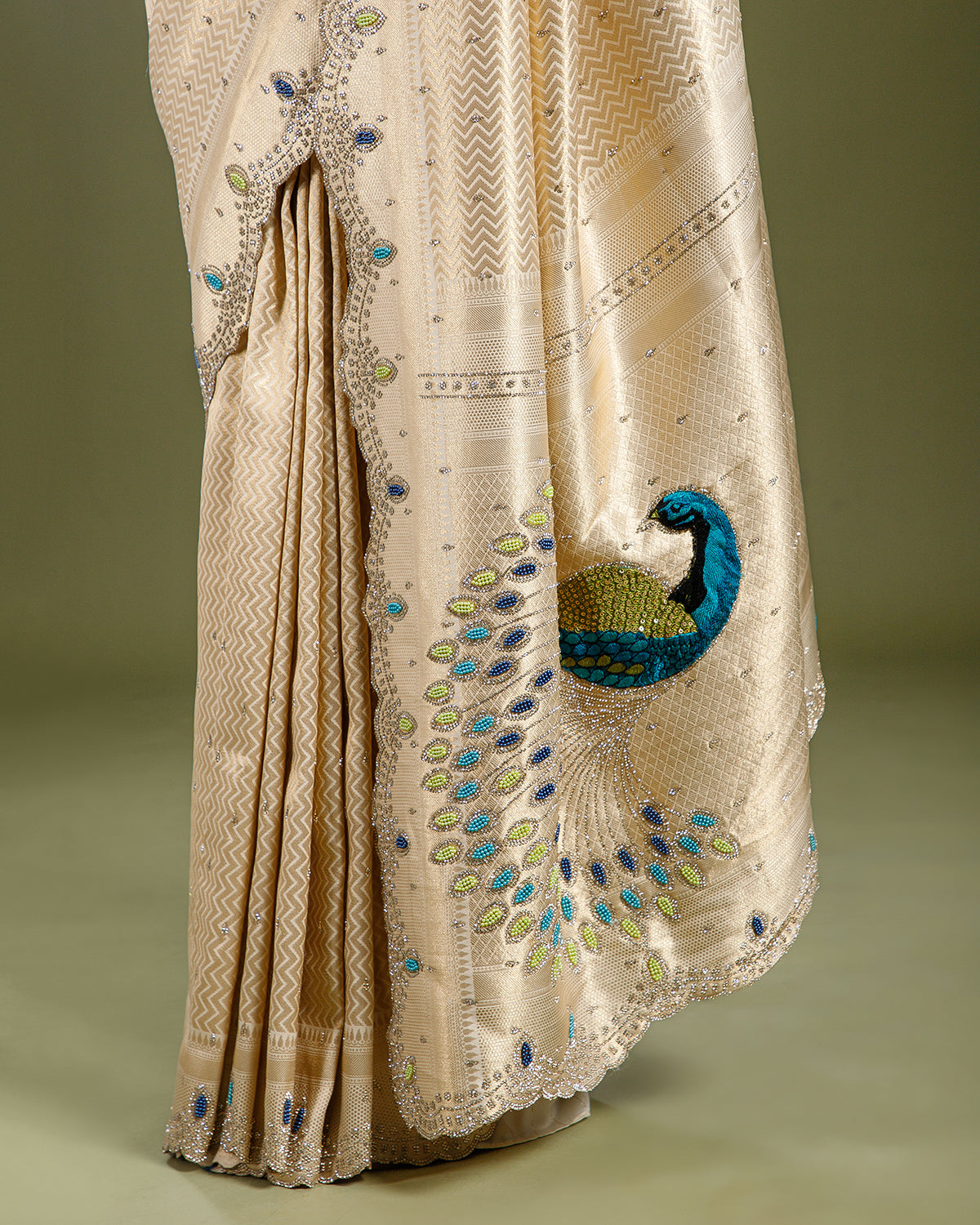 Luxury Ivory Silk Saree with Beads Work with Blouse
