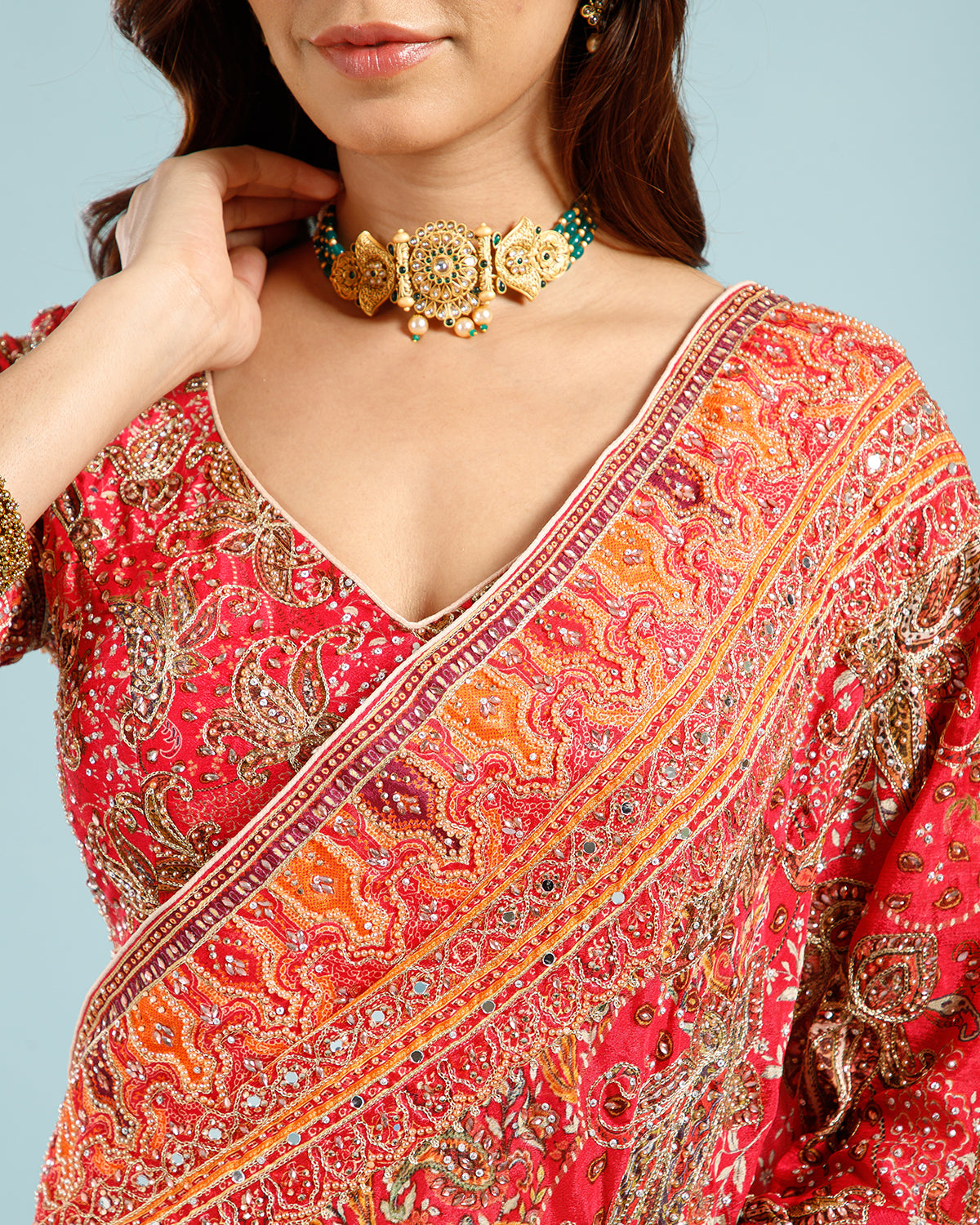 Wine Satin Silk Saree with Multicolor Sequence & Zari Work