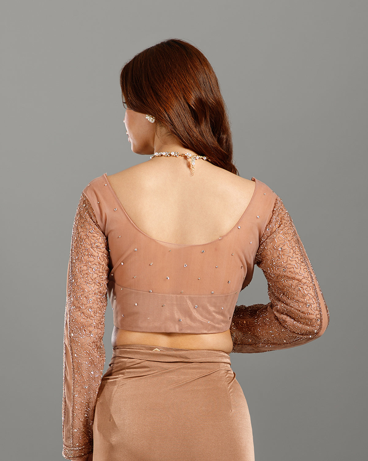 Chikoo Lycra Drape Saree with Hand Work - House of Surya