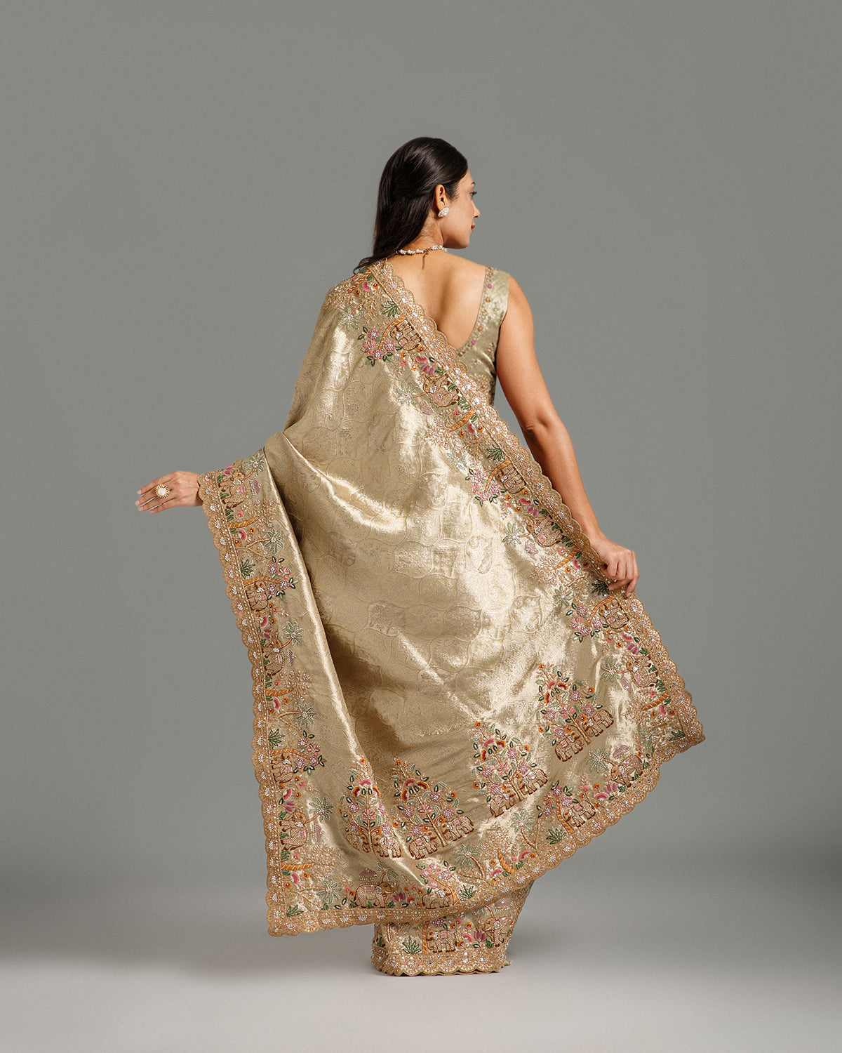 Green Tissue Silk Saree with Resham, Cutdana, Sequin & Zari Work