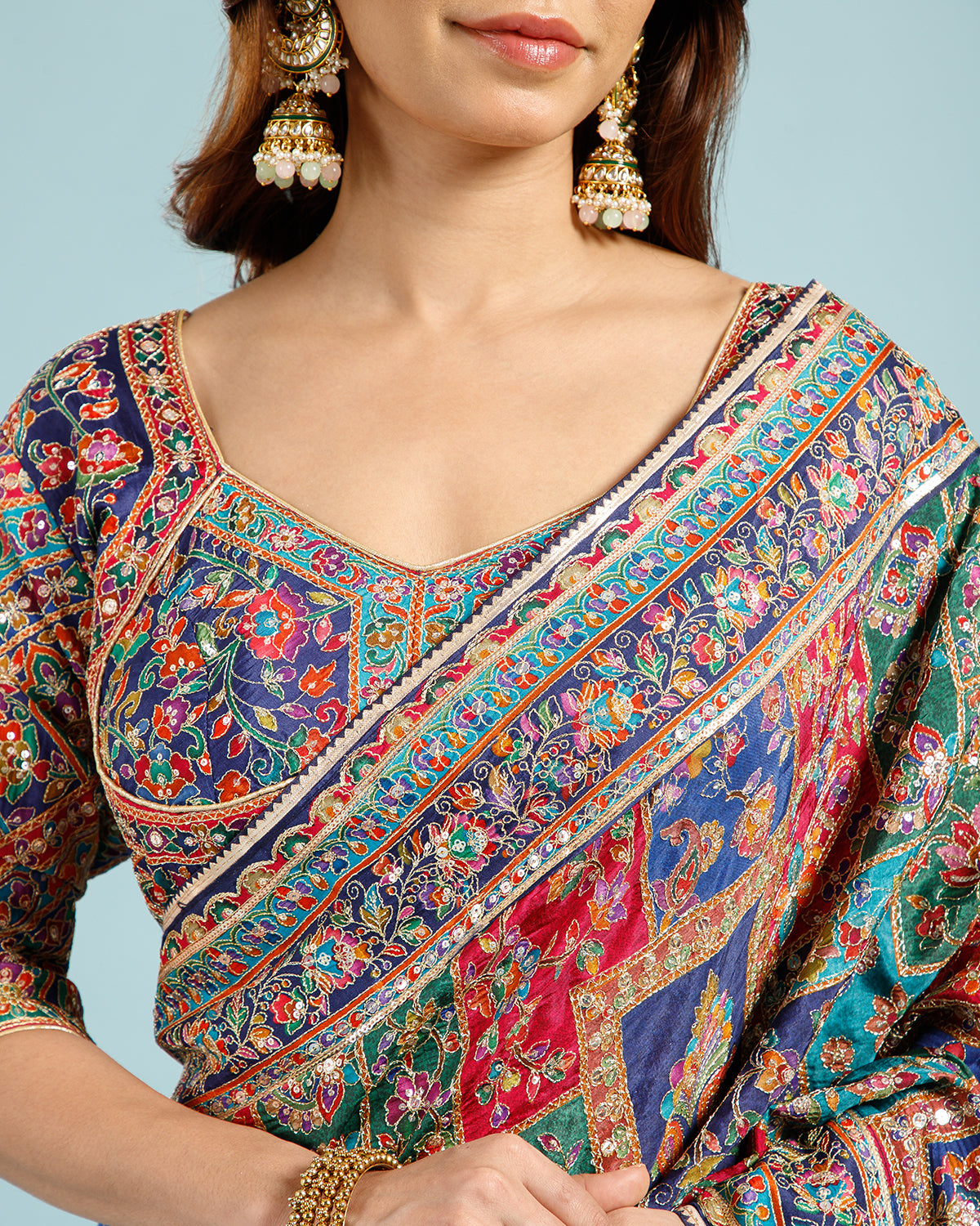 Blue Georgette Saree with Intricate Aari Work - House of Surya