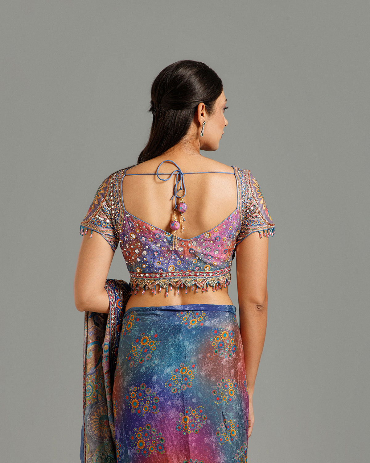 Multi Blue Chinon Crepe Saree