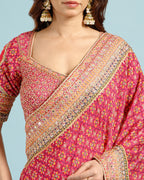 Wine Printed Georgette Saree with Sequence, Cutdana & Aari Work - House of Surya