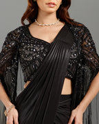 Black Lycra Drape Saree with Hand Work - House of Surya