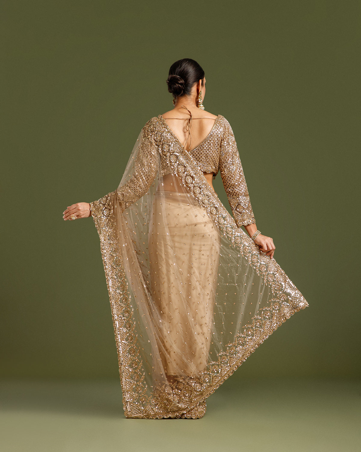 Dusty Brown Net Saree with Beads, Nulki & Sequin Work