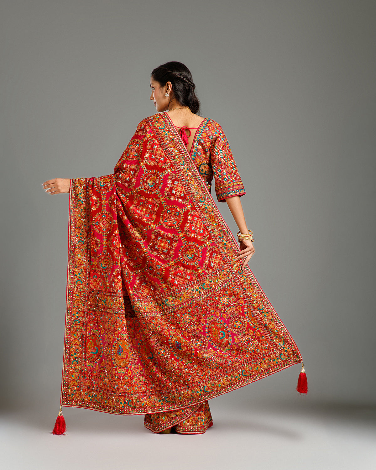 Multi Red Chinon Saree with Resham & Foil Work