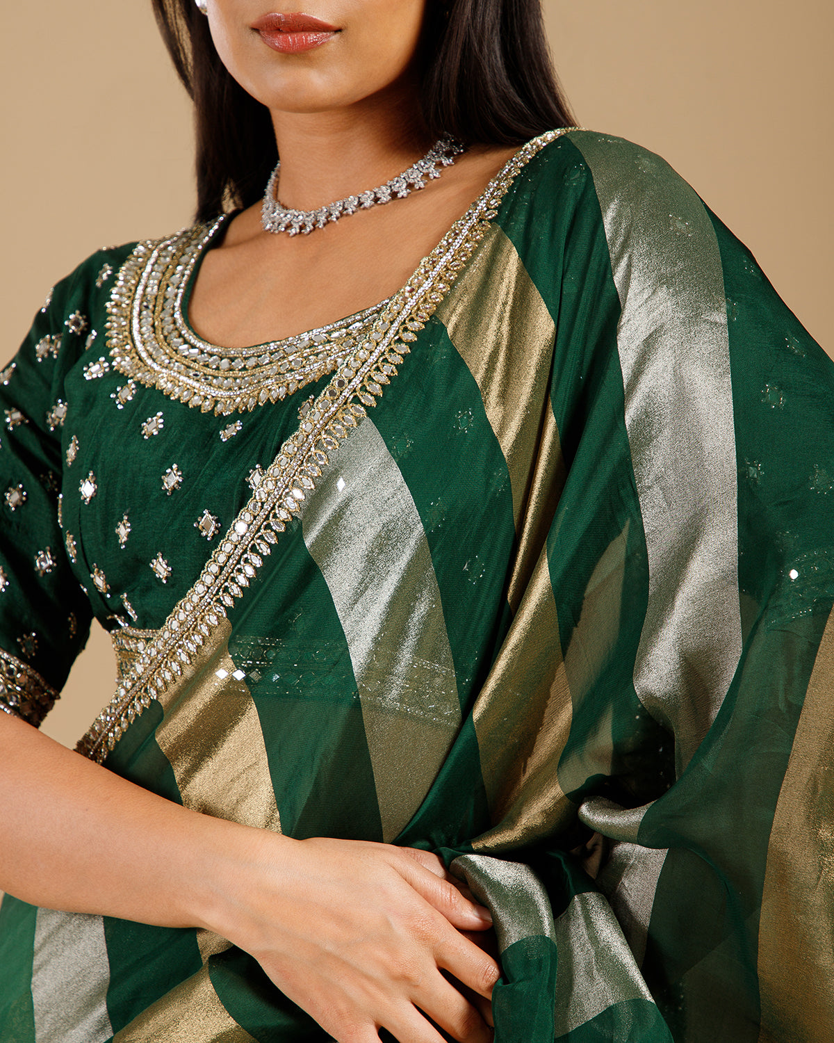 Green Tissue Organza Saree with Kundan & Sequence Work - House of Surya