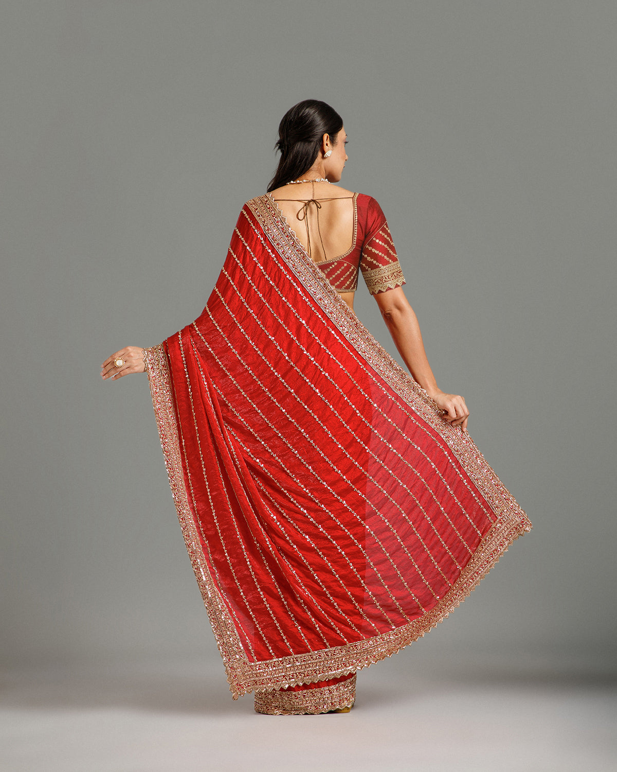 Red Fendi Organza Saree with Beads, Nulki & Sequin Work