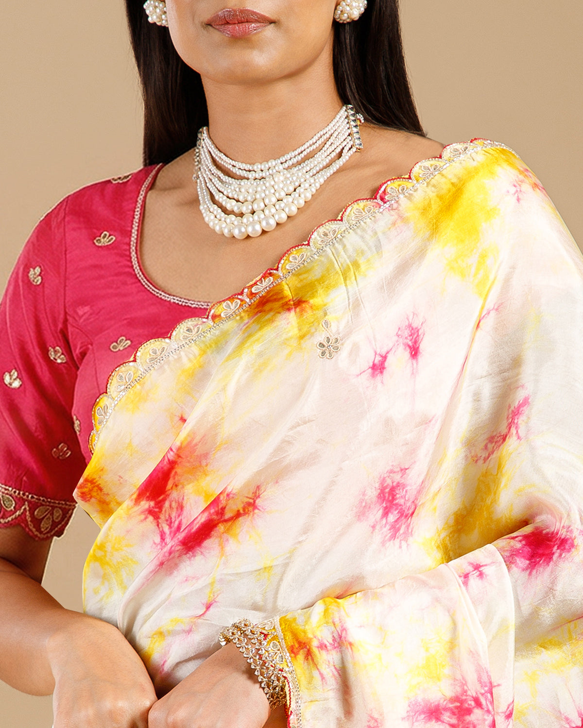 Pink Tie & Dye Silk Saree with Patra, Sequence & Bead Work - House of Surya
