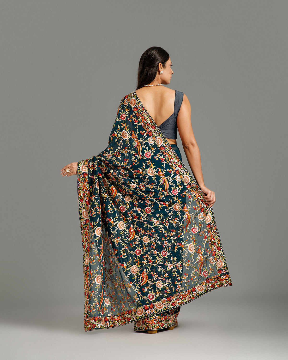 Peacock Georgette Saree with Parsi Resham Work