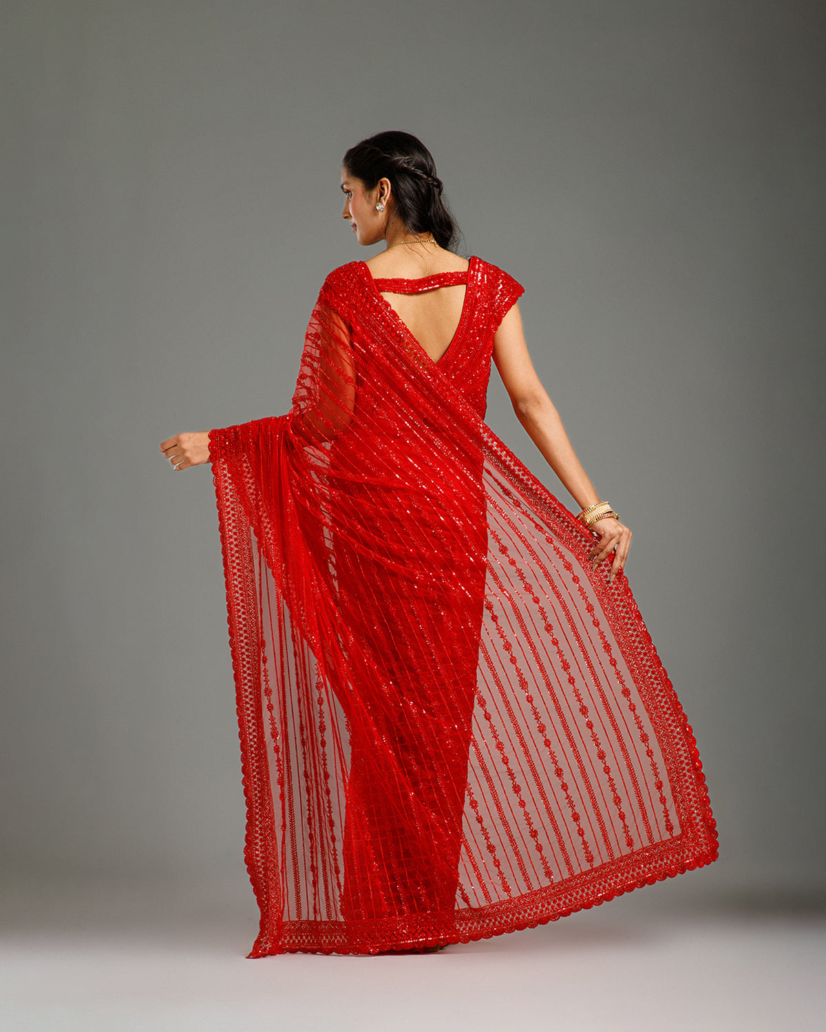 Red Net Saree with Beads & Sequin Work