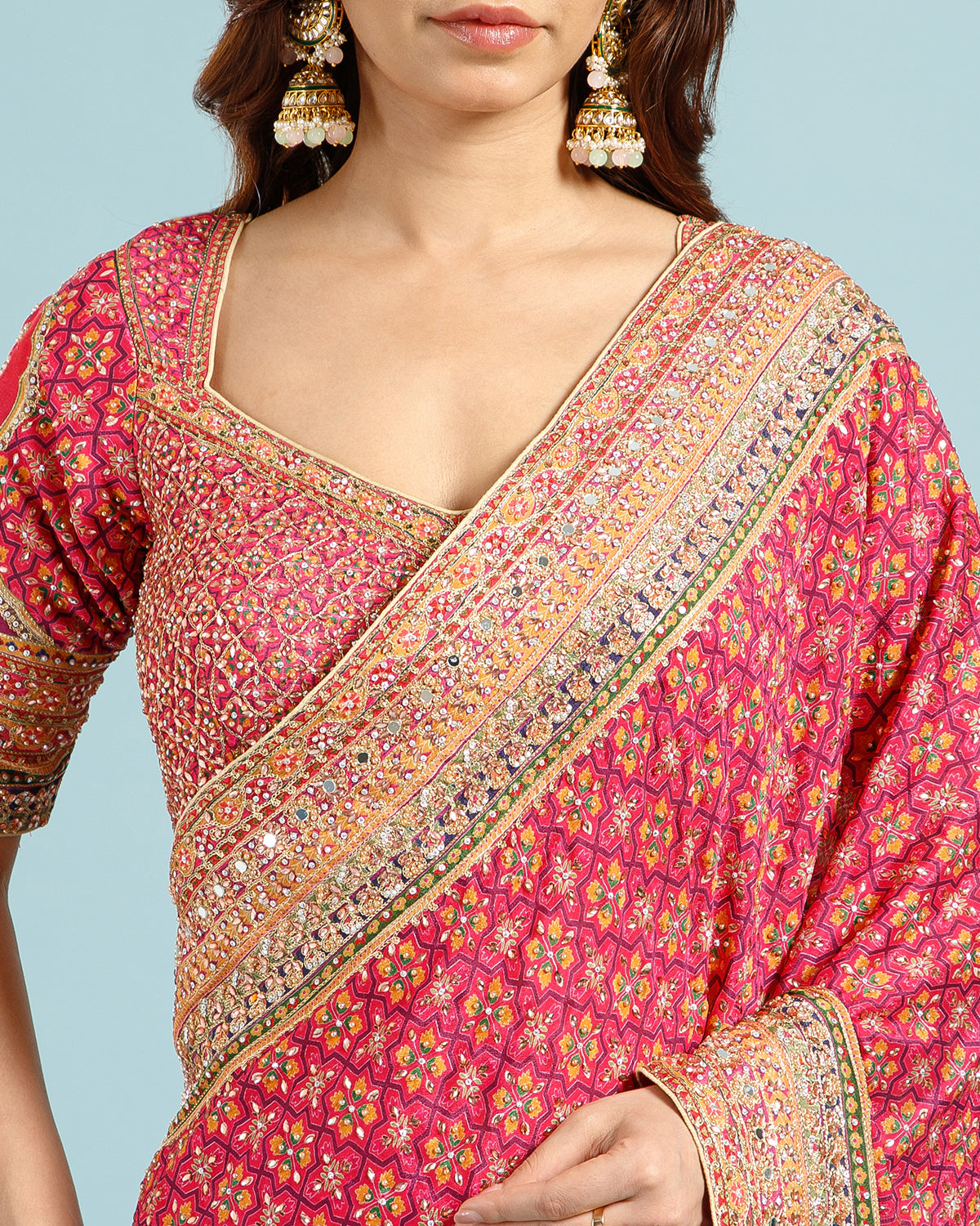 Wine Printed Crepe Silk Saree with Sequence, Cutdana & Aari Work