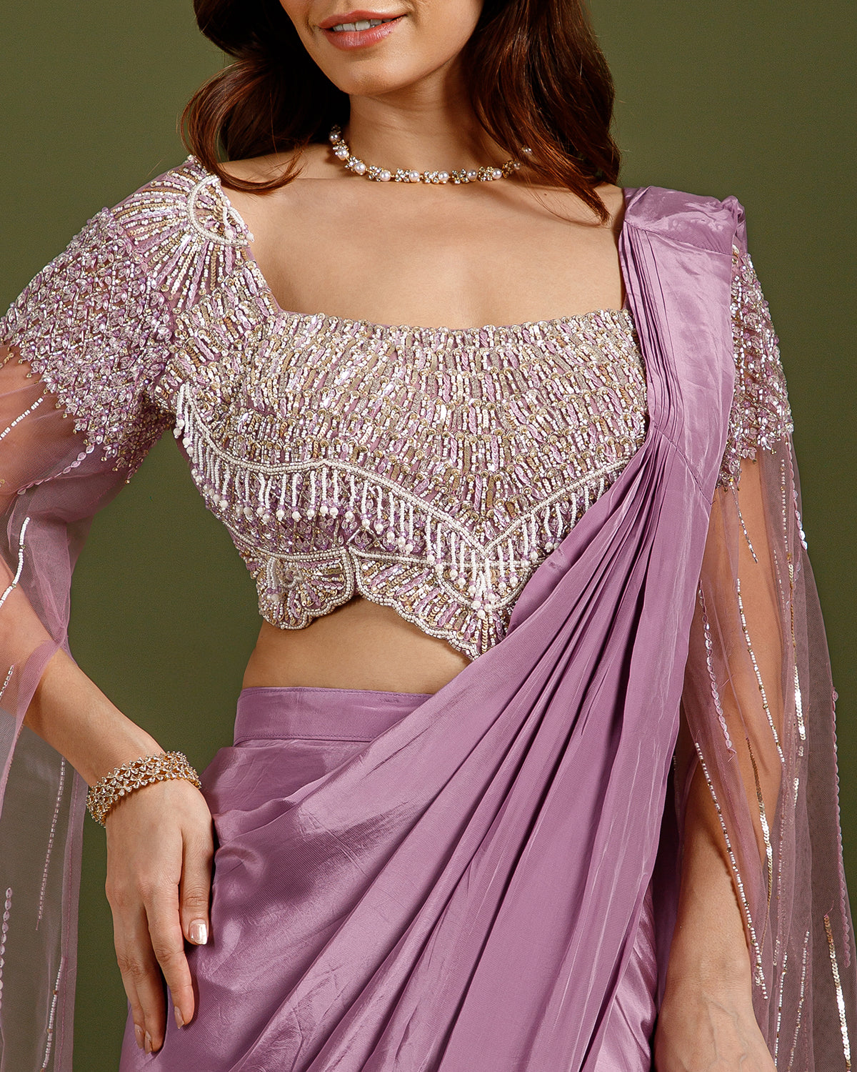 Mauve Crepe Drape Saree with Hand Work