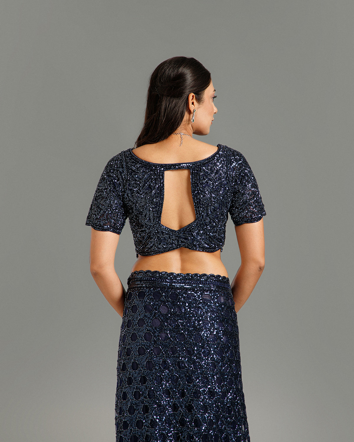 Navy Blue Net Saree with Beads, Nulki & Sequin Work