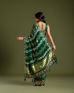 Bottle Green Satin Crepe Saree with Zari & Sequin Work - House of Surya