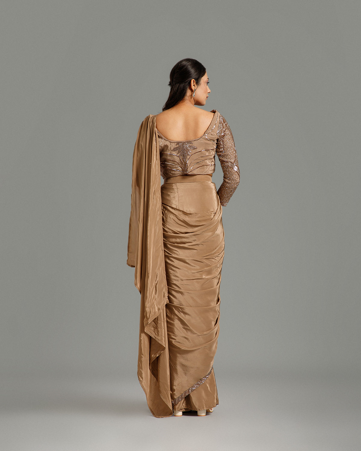 Dusty Gold Satin Lycra Saree with Sequin & Cutdana Work