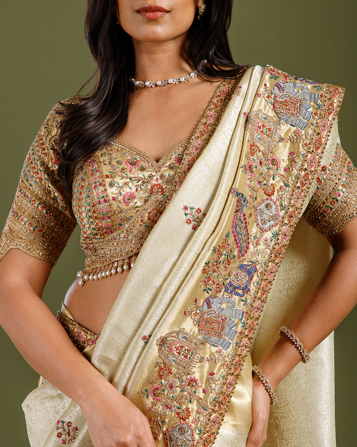 Golden Tissue Weave Saree with Resham, Zardozi, Cutdana & Embroidery Work - House of Surya
