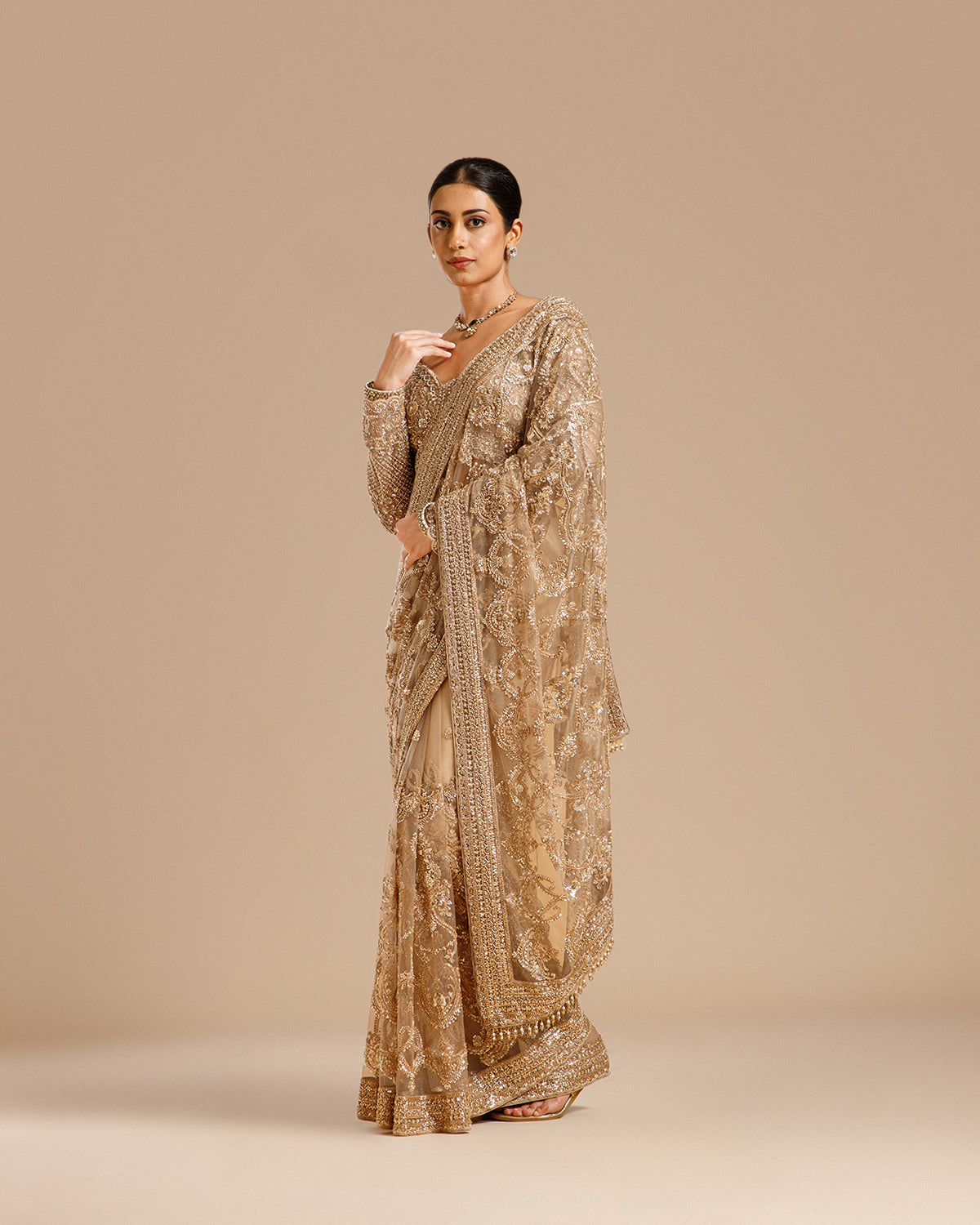 Chiku Net Saree with Nulki & Sequin Work