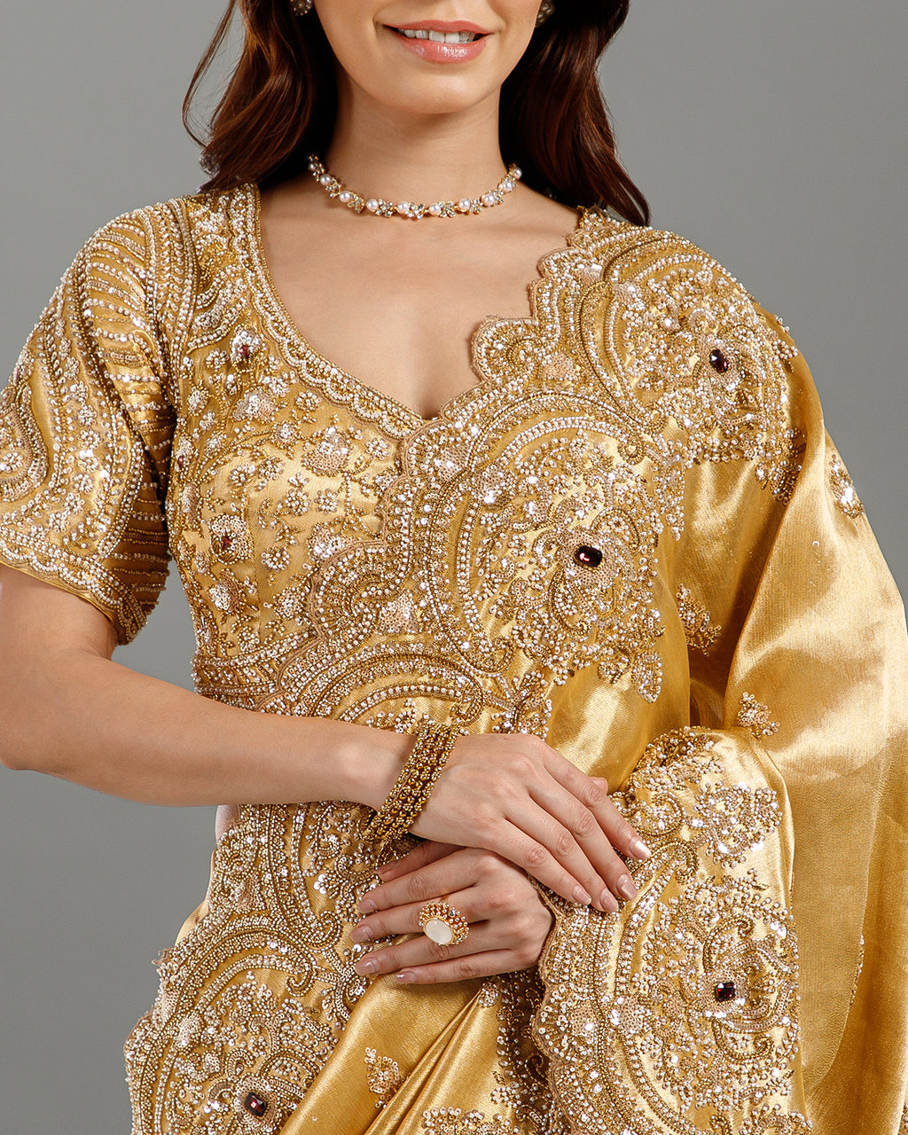 Golden Tissue Georgette Saree with Cutdana & Sequence Work - House of Surya