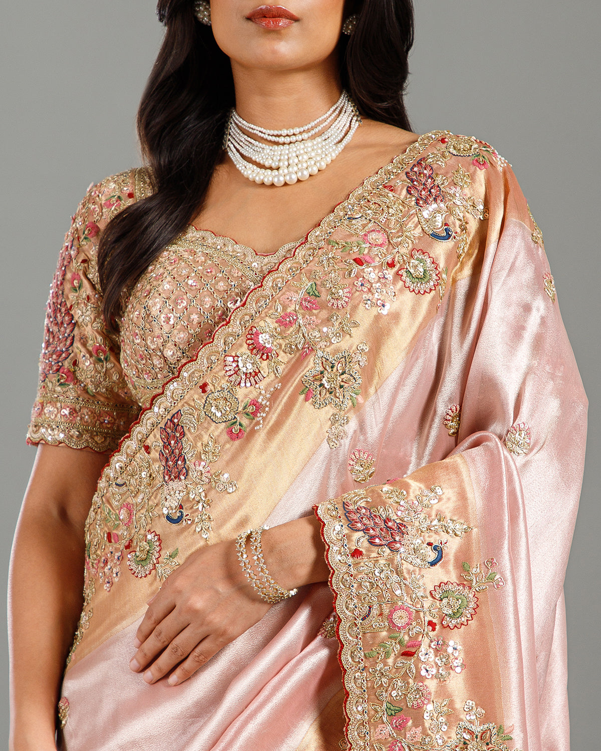 Pink Crepe Tissue Saree with Sequence, Resham, Zardozi & Cutdana Work - House of Surya