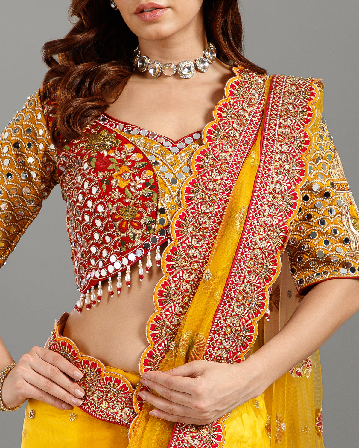 Yellow Net Saree with Sequence, Cutdana & Resham Work