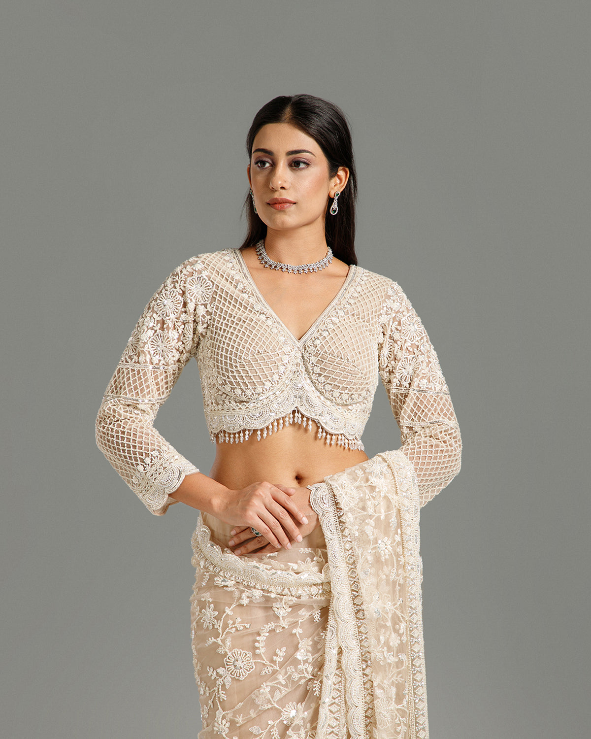 Beige Net Saree with Beads, Nulki, Sequin, Resham & Moti Work